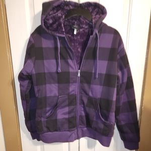 Purple & black Checkered Coat w warm fuzzy purple lining.